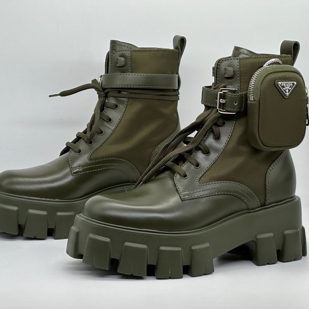 PRADA Monolith Leather Nylon Lug Sole Combat Hiking Boots Zip Pouch - Picture 8 of 15